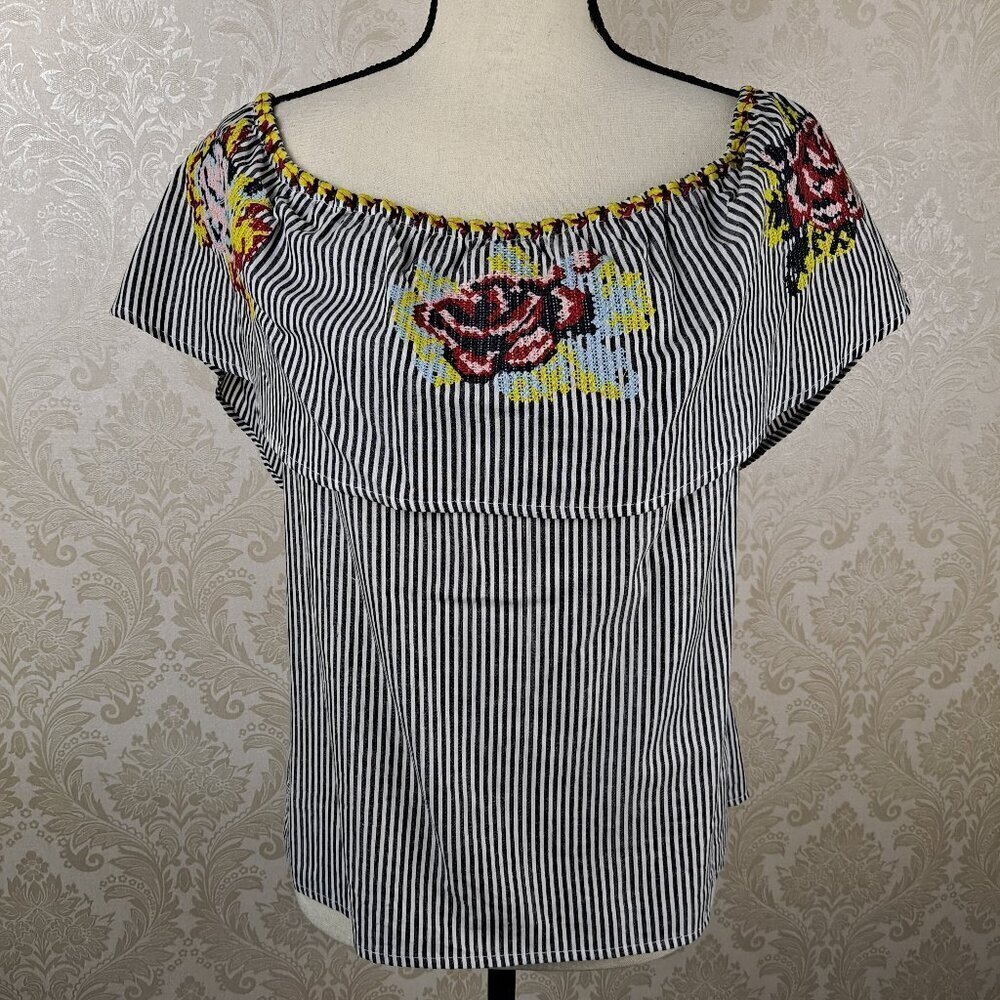 Velzera Size Small Blue White Striped Sleeveless Top Floral Embroidered Ruffle